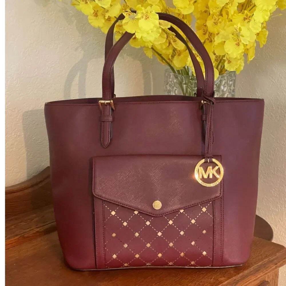 MICHAEL KORS JET SET Travel LARGE SHOULDER TOTE BAG Merlot Burgundy GOLD